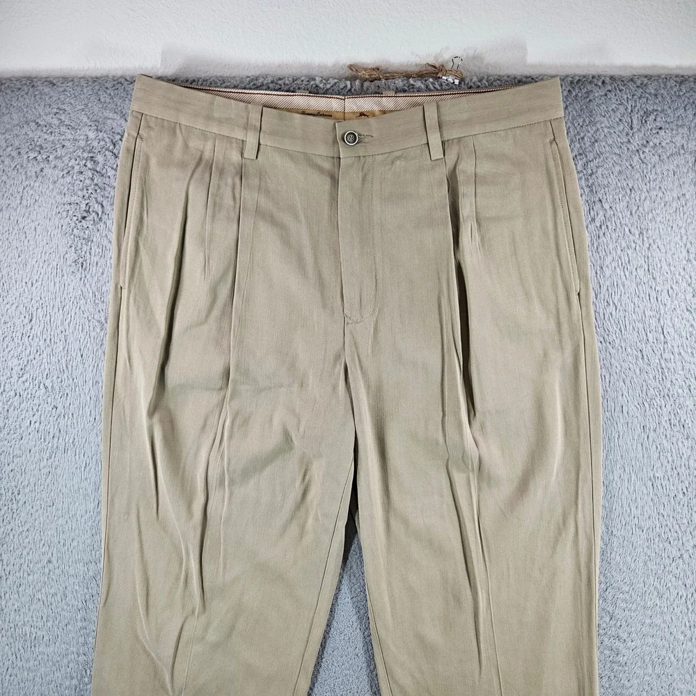 Tommy Bahama Mens 36x30 Silk Bamboo Pleated Pants Khaki Tan Herringbone Dress